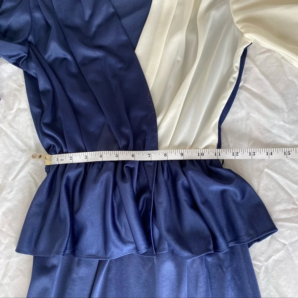 Vintage Sally Lou Colorblock Peplum Dress | Navy & Ivory Chiffon | 80s Midi | SM - Picture 6 of 11